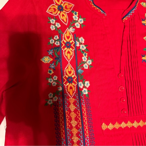 Calessa Red/Multicolored Embroidered Floral Cotton/Linen Boho V-Neck Top NWT S - Picture 16 of 16